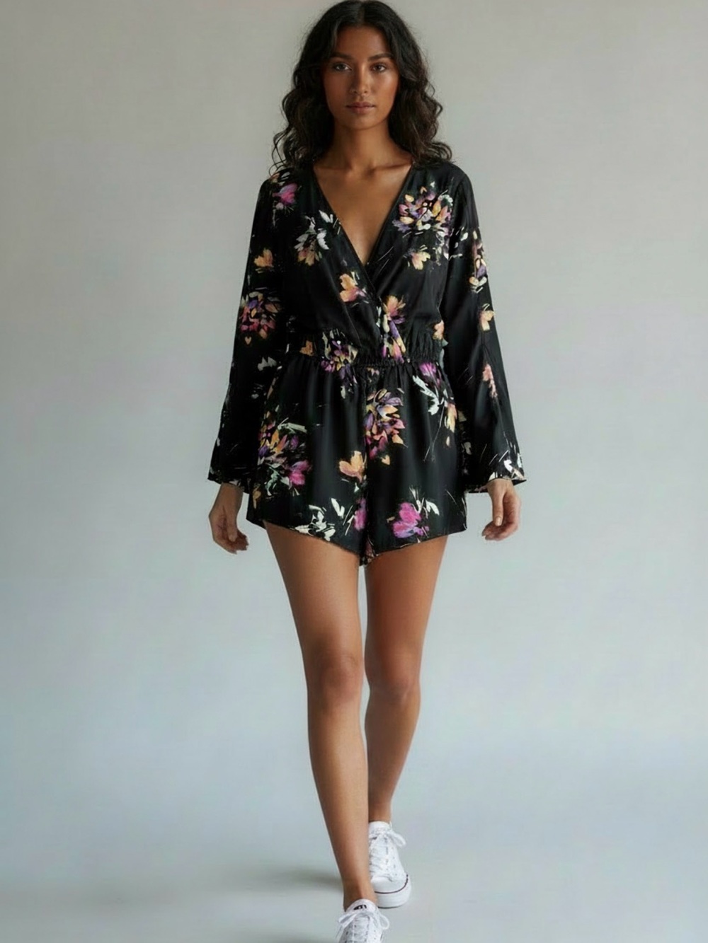 Black Floral Faux Wrap Romper